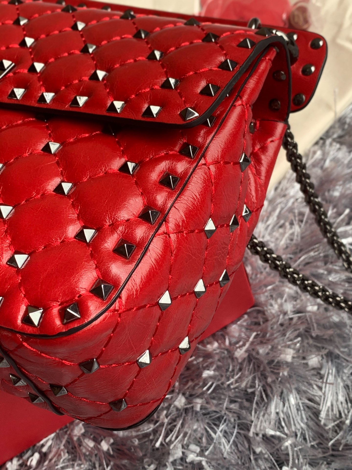 Valentino Garavani Rockstud Spike Medium Chain Bag in Red Supple Lambskin Nappa